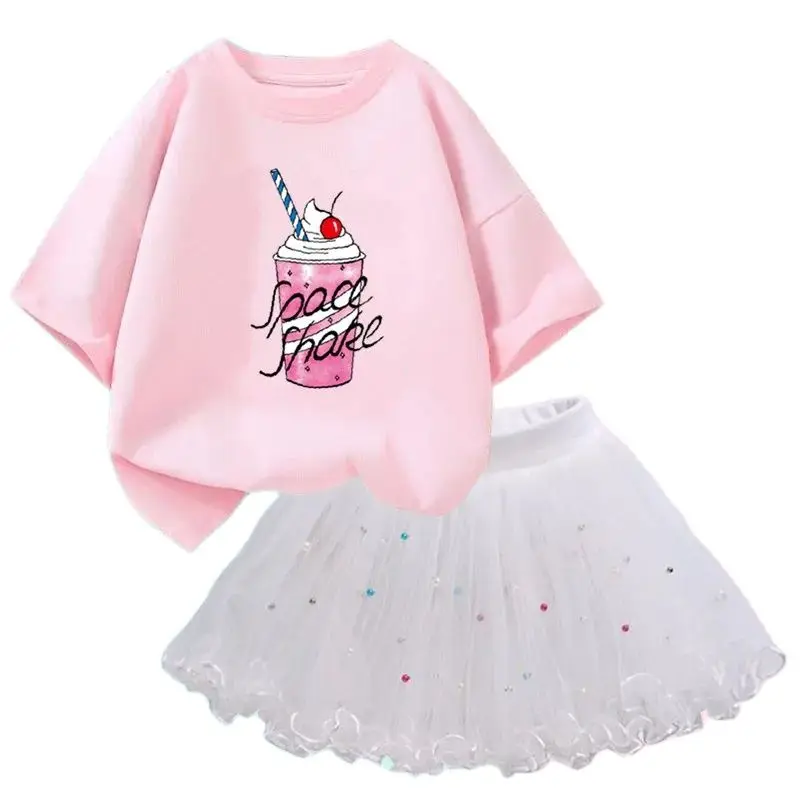 New 2Pcs/Set Cute 3-14 Years Tutu Skirt Beautiful Princess Girl T-shirt Set Birthday Party Ballet Performance Clothing