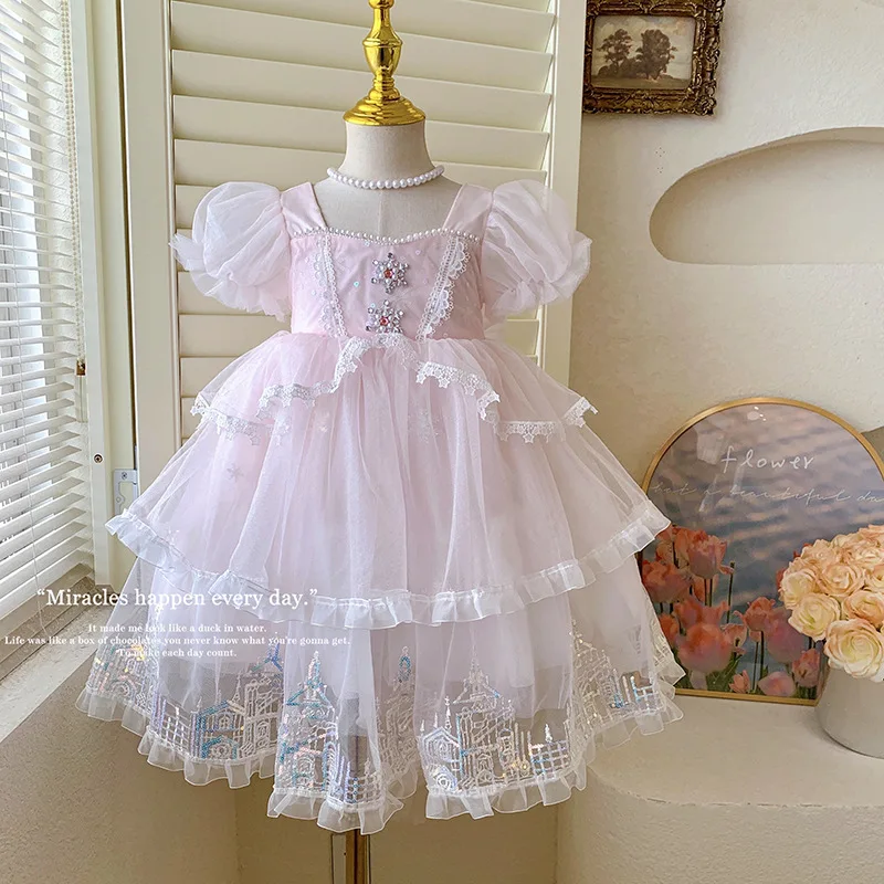 Girls' Princess Dress Summer2024New Children's Western Style Summer Dress Little Girl Tulle Skirt