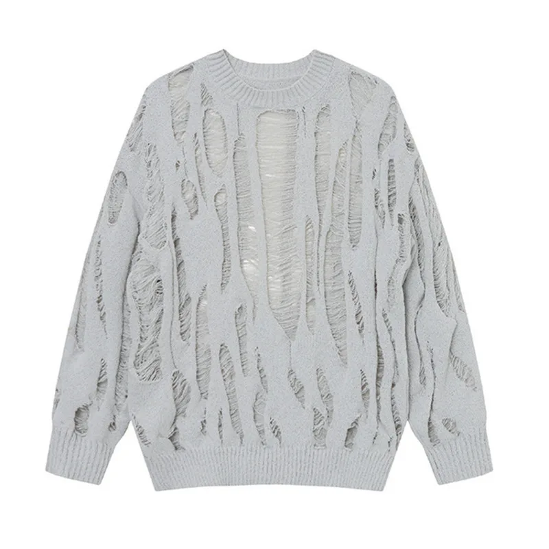 Trendy merk luie stijl licht transparante gebreide trui met lange mouwen, gescheurde gaten en losse trui met haakbloemen