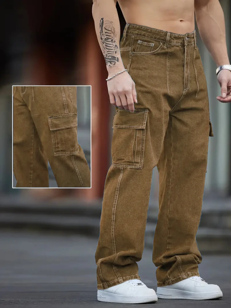 Men's Straight Cargo Pants Casual Fashion Large Pockets Functional Pants European American Streetwear Male Denim Pants