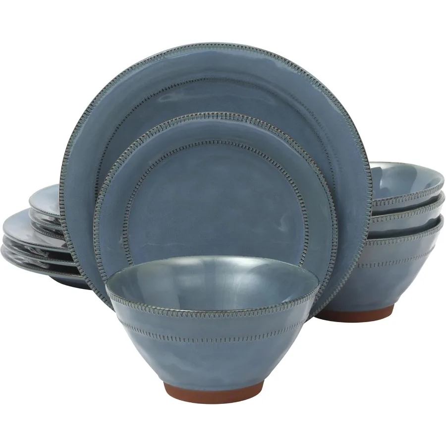 

Terranea 12 Piece Dishes Reactive Glaze Plates and Bowls Terracotta Dinnerware Set Service for 4 Blue