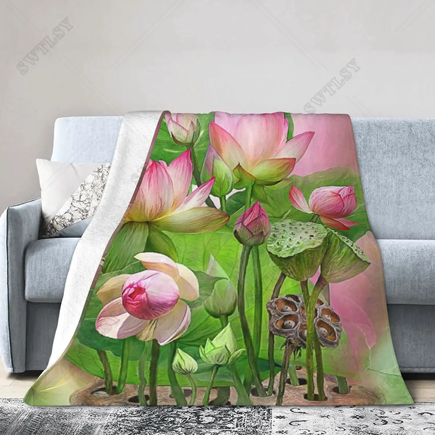 Pink Lotus Flowers Flannel Throw Blanket Lightweight Warm Super Soft Blanket for Car Bed Sofa Couch Decoration King Queen Size