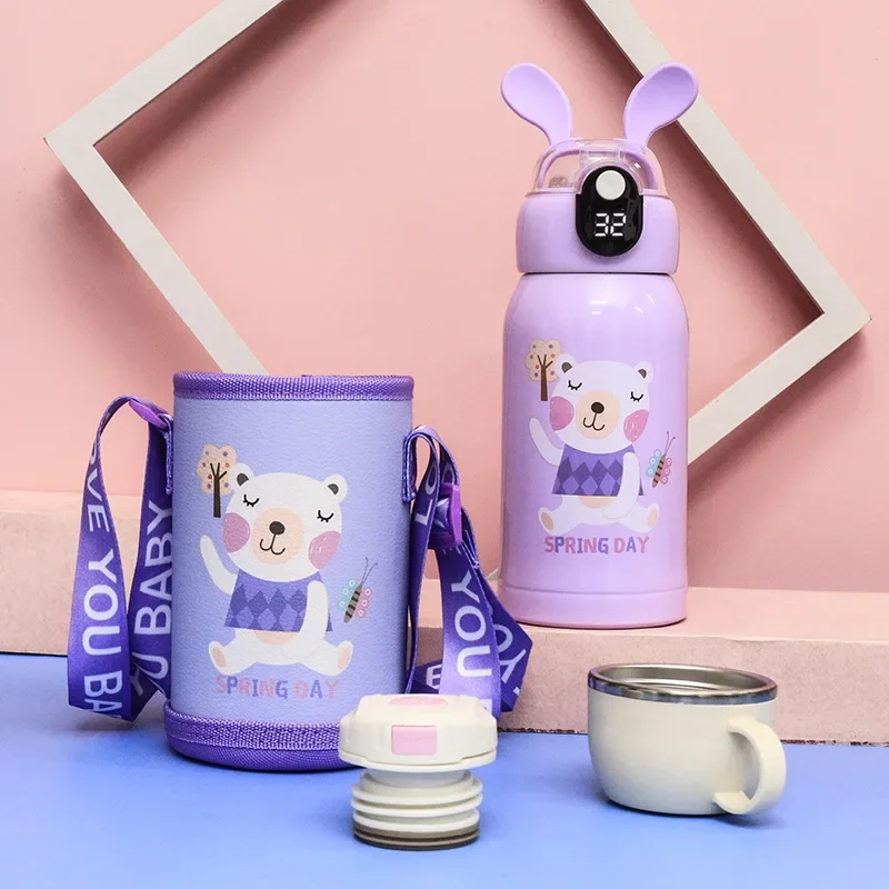 New Cartoon Children's Rabbit Ears Warm Display Cup Set Intelligent Temperature Measuring Straw Portable Children's Thermos Cup