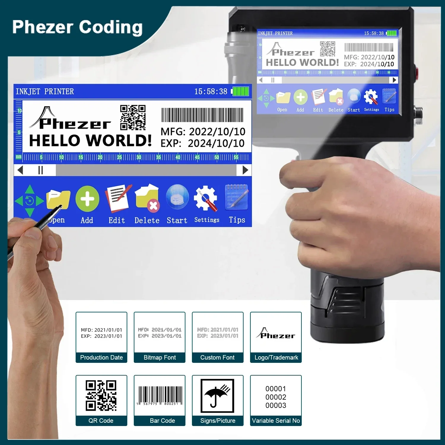 

Phezer P15 QR Bar Batch Code Date Number Logo Expiry Date Label Printer 12.7mm Handheld Inkjet Printer 28 Languages Portable