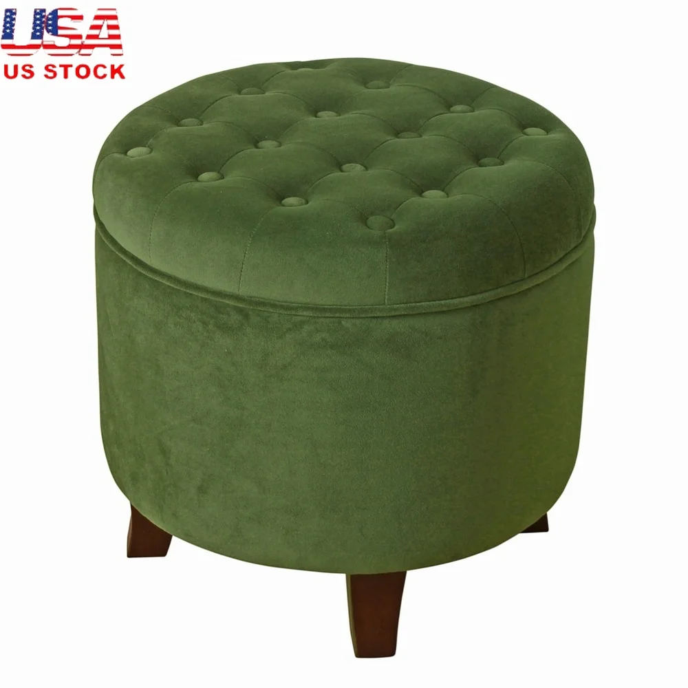 

Button Tufted Velvet Ottoman with Hidden Storage Round Wooden Feet Indoor Use Living Room Bedroom Furniture Storage Solution