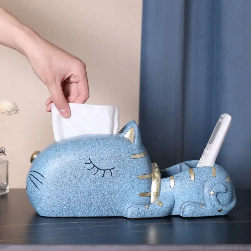 Mesa de té con adorno de gato y gatito, caja de pañuelos multifuncional, cartón para comedor, sala de estar, almacenamiento creativo con control remoto
