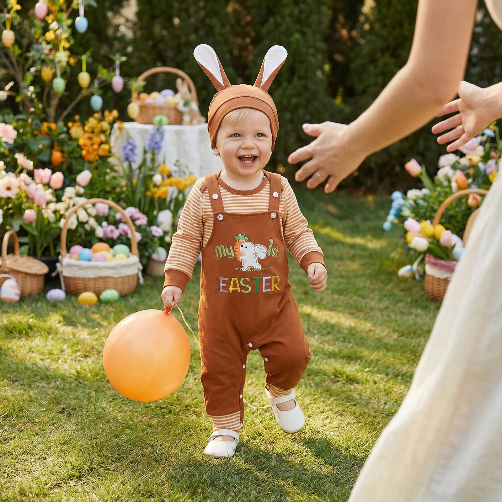 Baby Boy Easter Clothing Sets Fashionable Long Sleeve Striped Romper with Bunny Embroidery Overalls, Hat 3Pcs Outfits