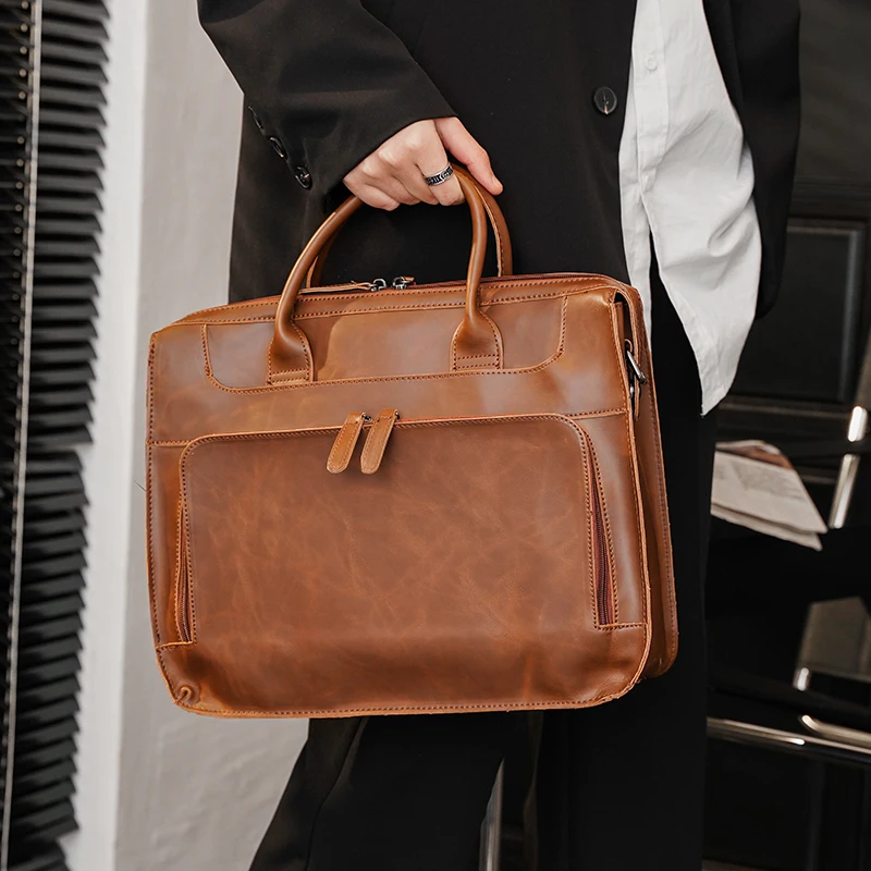 Men's Bag Crazy Horse PU Leather Men Briefcase for Laptop 14 Messenger Men's Leather Business Office Bag A4 File