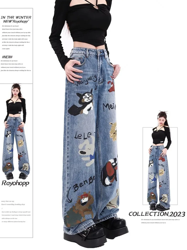 

Fashion Kawaii Graffiti Print Jeans Women's Winter Thickened plush Design High Waist Loose Straigh Pants Y2K 2024