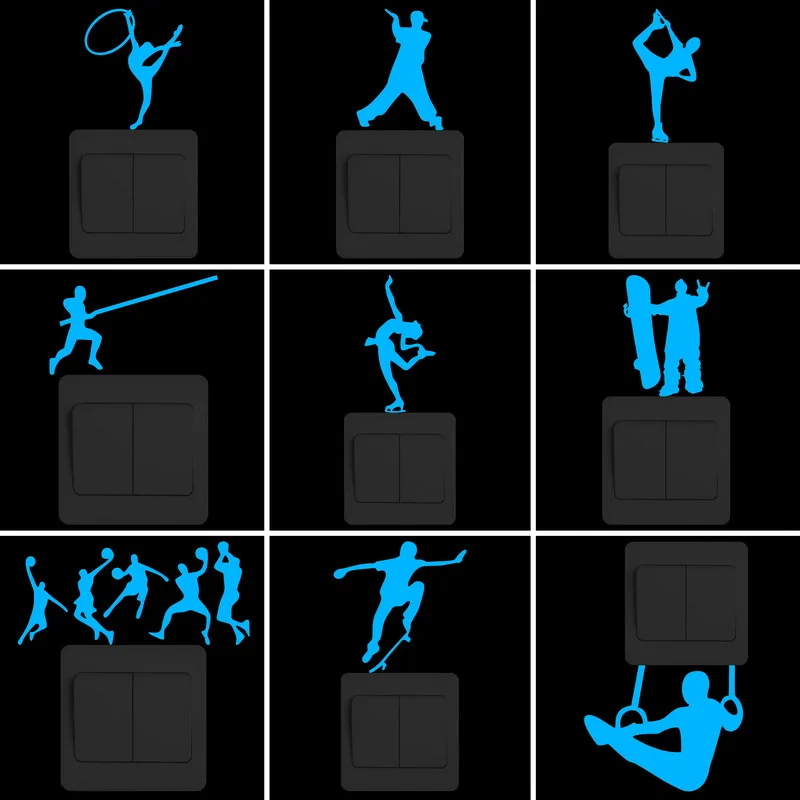 Funny Cartoon Sports Glow Wall Switch Sticker Girl Gymnast/Breakdance/Pole Vaulter/Ice Skating/Snowboarder/Basketball Players