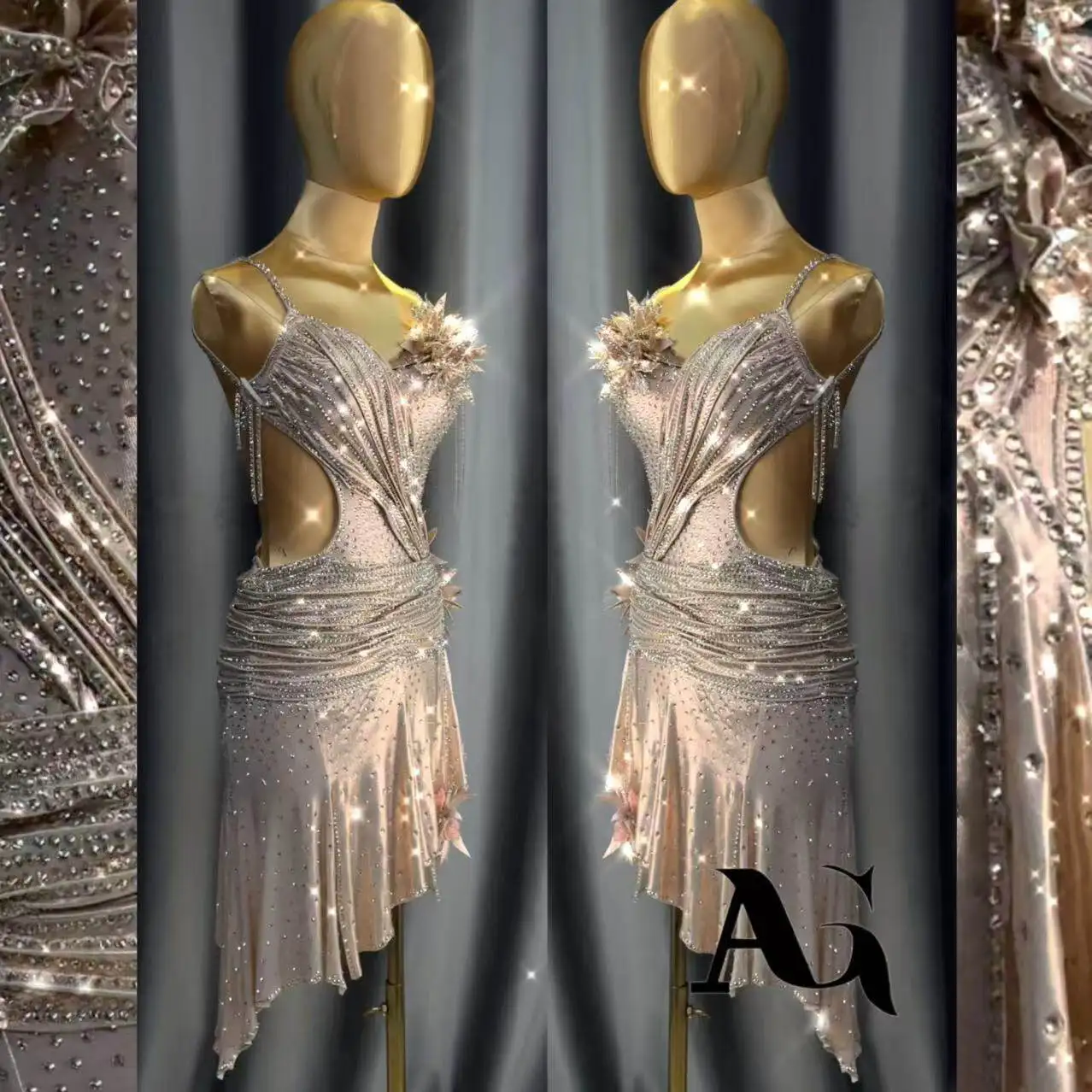 라틴 댄스 AB 스톤 여성 성인 어린이 고급 맞춤형 진주 누드 파우더 플리츠 스커트 블랙 풀 삼바 공연 드레스