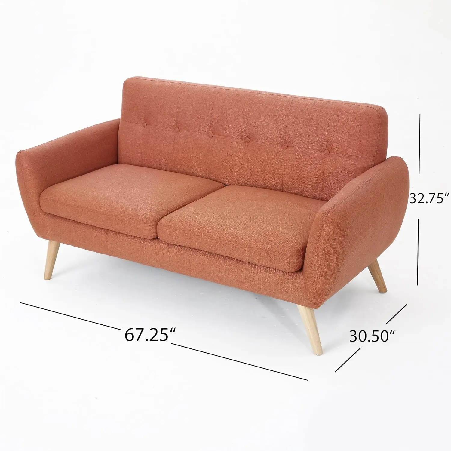 Josephine Mid-Century Modern Petite Fabric Sofa, Burnt Orange / Natural