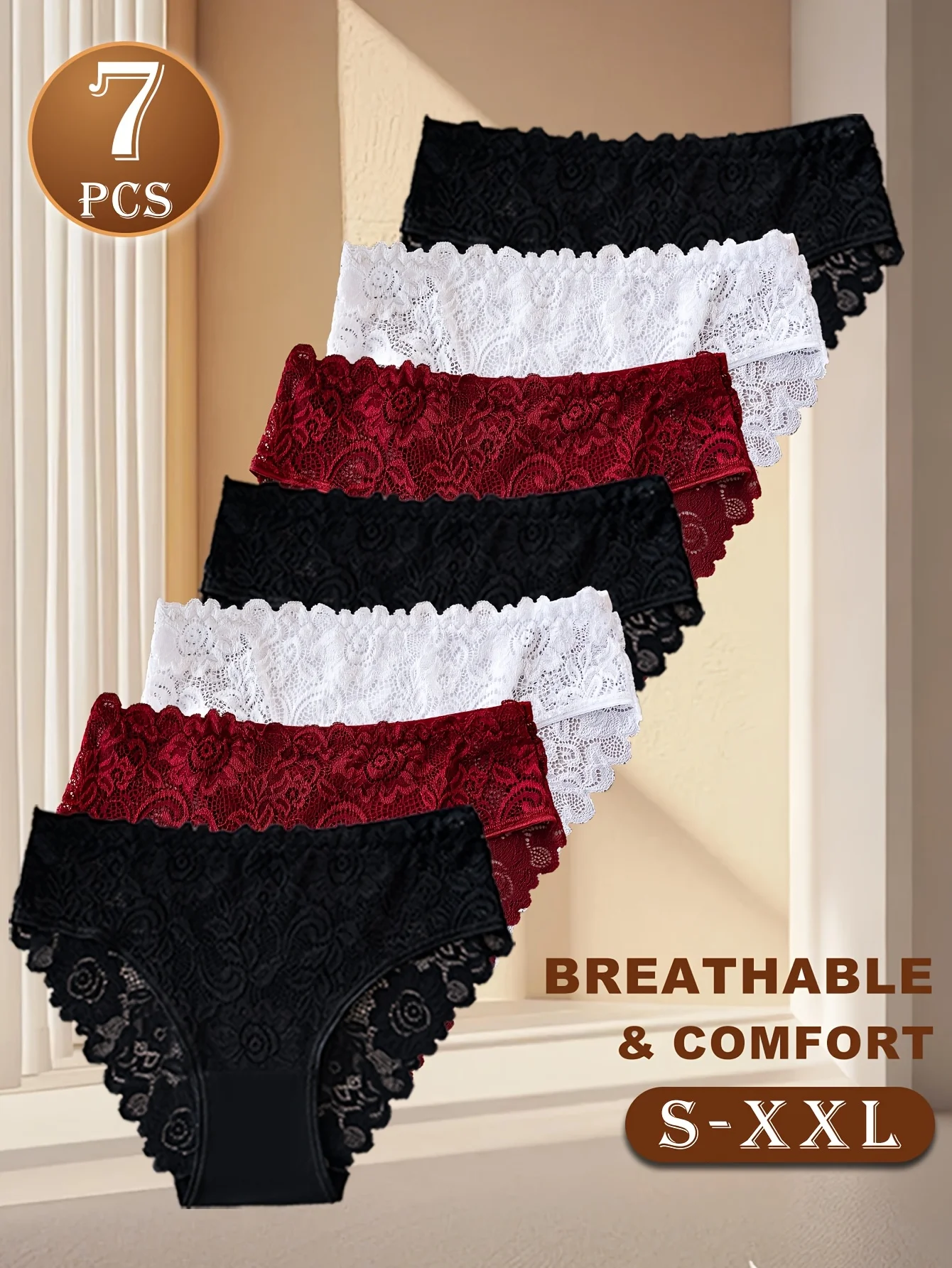 7-Piece Women's Floral Lace Fashion Lingerie - Soft, Stretchy, Comfortable and Breathable Panties, Available in S-XXL Sizes