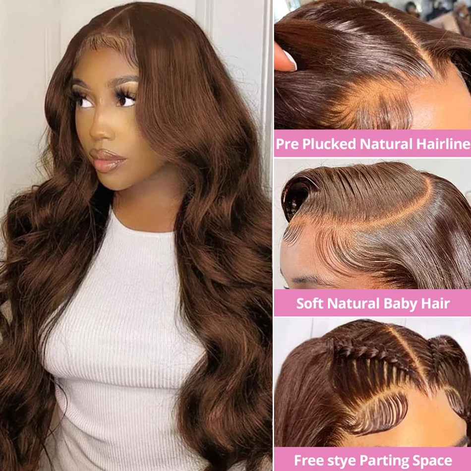 Perruque Lace Front Wig Body Wave Brésilienne pour Femme, Cheveux Brun Chocolat HD, 13x4, 13x6, 250%, 30, 36 Pouces