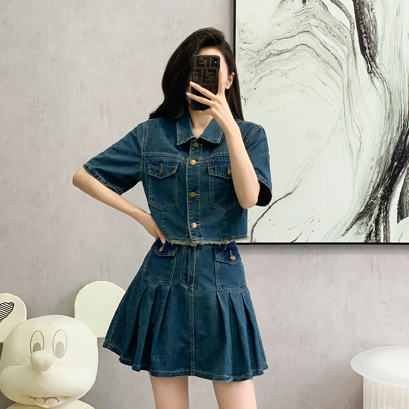 Americam Retro Y2k Short Sleeve Summer Crop Denim Jacket+Pleated Mini Skirt Two Pieces Clothing Set Deep Blue