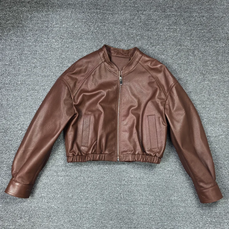 เสื้อแจ็คเก็ตหนังแท้สำหรับผู้หญิง ฤดูใบไม้ผลิ 2026 ทรงหลวม สไตล์มอเตอร์ไซค์  แขนยาว  แบบมีซิป