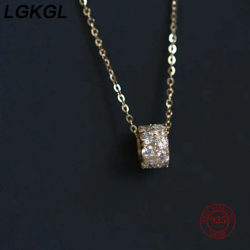 LGKGL 925 Sterling Silver Necklace for Women with Zirconia Transfer Beads 14K Gold Plated Cylindrical Pendant Jewelry AccessoryL