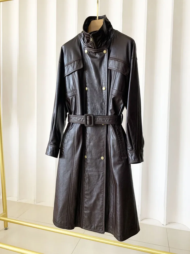Women Fashion Sheepskin Genuine Leather Trench Coat Stand Collar Double Breasted Sashes Streetwear Office Lady Long Windbreakers
