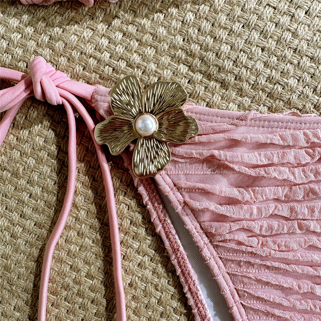 Zweiteiliges Bikini-Set mit Metallblumen-Design, Neckholder-Bikini, Damen-Badeanzug, Damen-Bademode, geraffter, gepolsterter Badeanzug, Badebekleidung, Modell V7478. – Detail 25