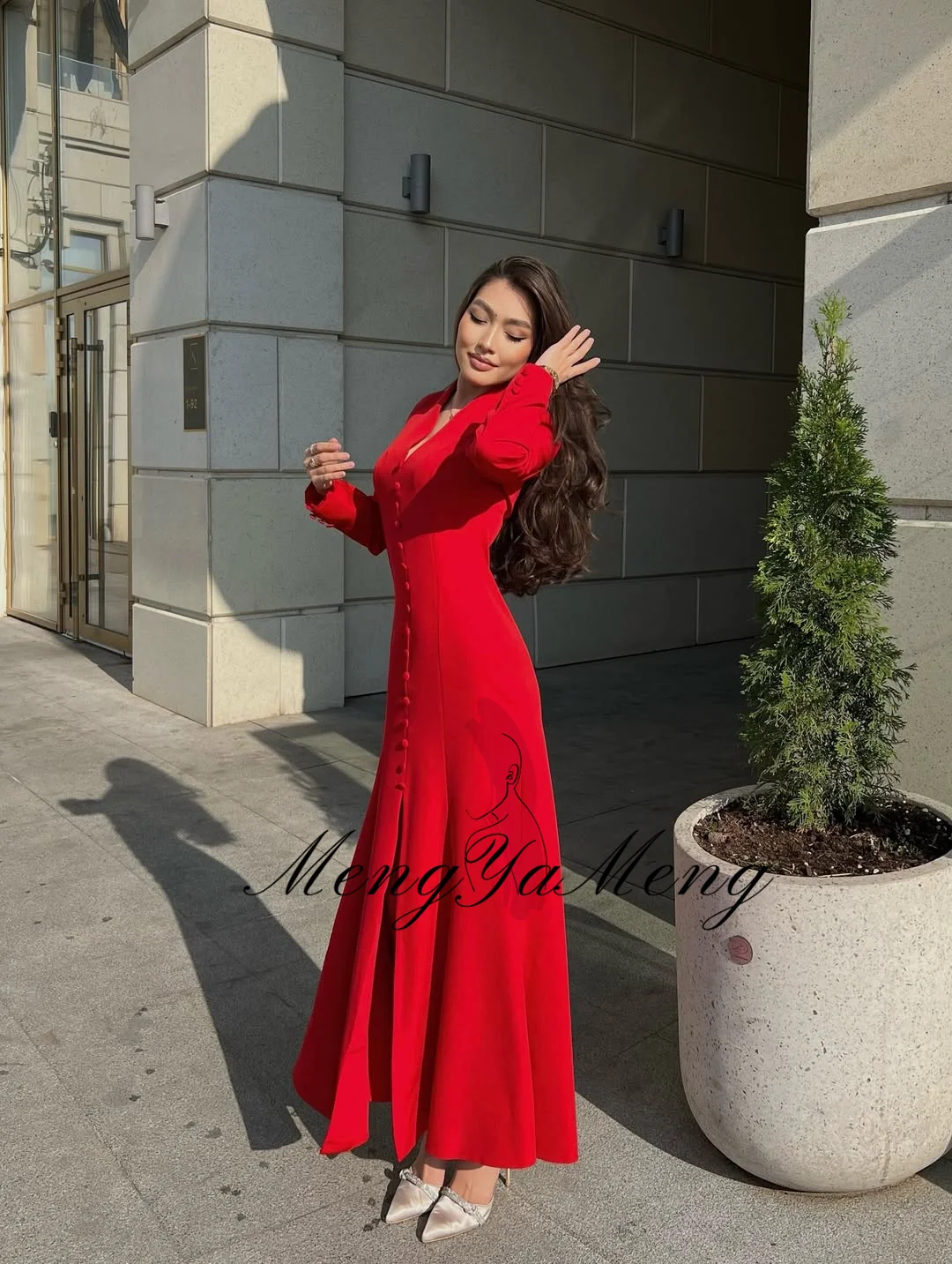 ZHUISHU Red Long Prom Dresses Semi-Mermaid Ankle-Length V-Neck Long Sleeves Casual Evening Dresses Customized Party Gown Women
