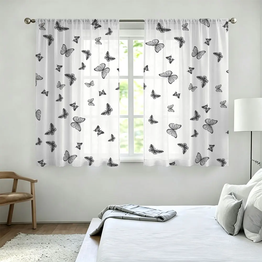 90g rod-mounted curtains, two pieces, with a black and white butterfly pattern suitable for home decoration