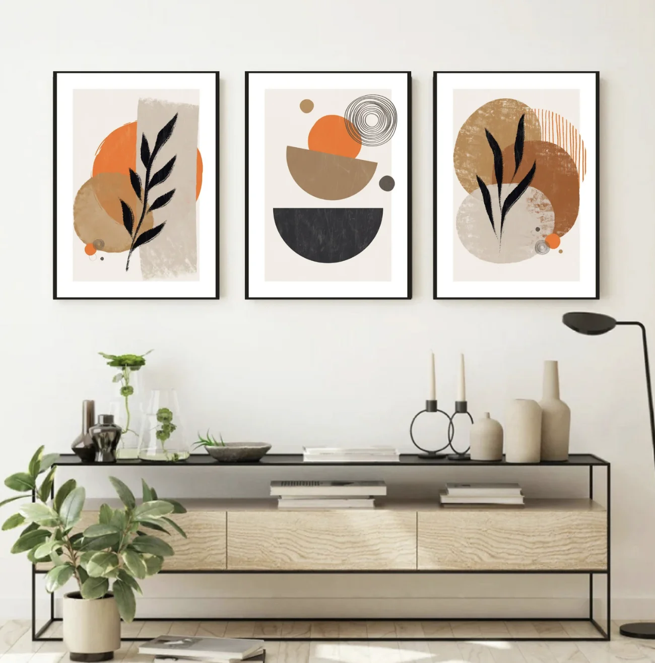 Boho Abstract 3 Panels Wall Art Canvas Prints, Terracotta Plant Posters, Neutral Decor for Living Room Bedroom Decor