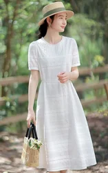 White Cotton Summer Dress Women Elegant Hollow Out Embroidery O-neck Short Sleeve Slim Waist Casual Dresses Vestidos Robe Femme
