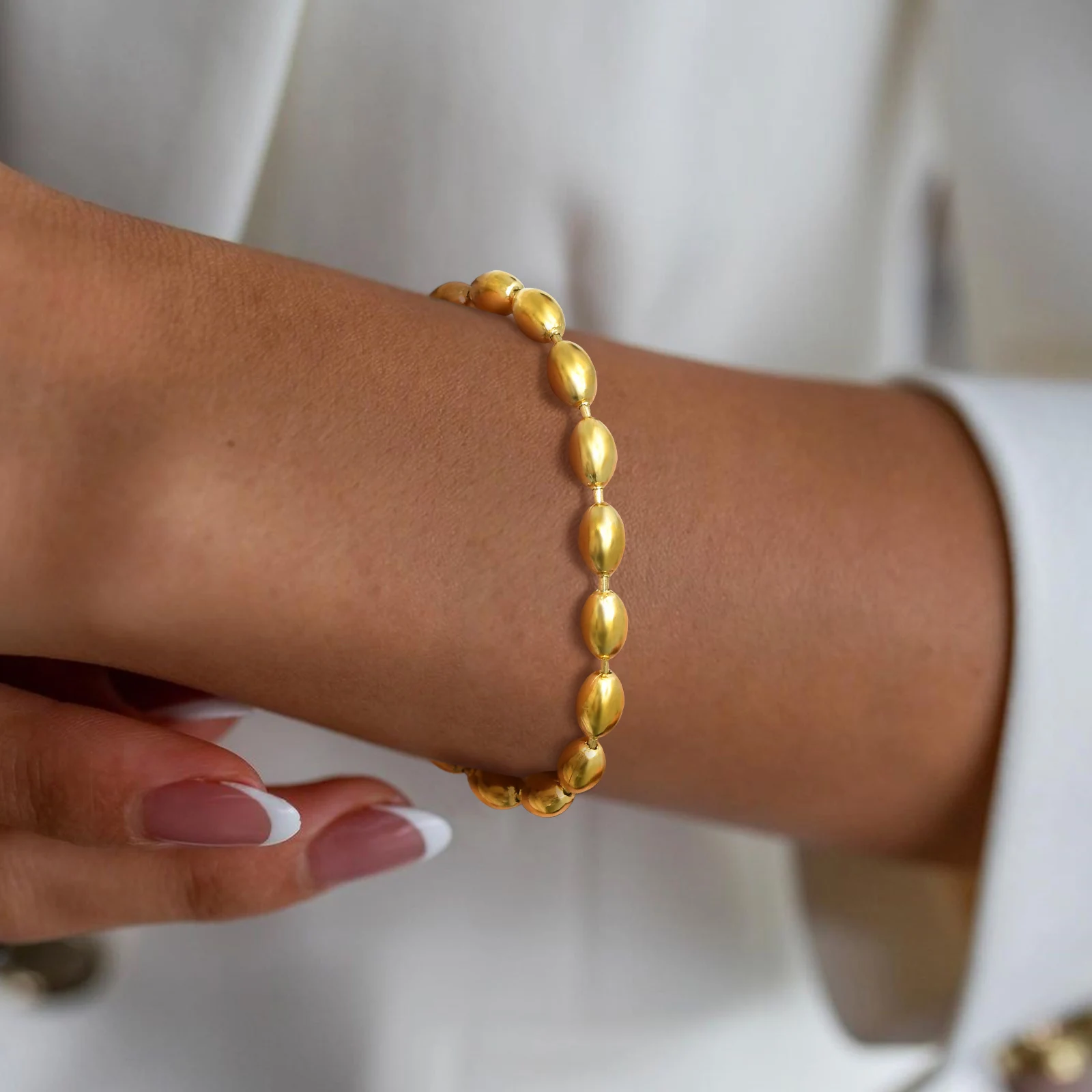 2mm-5mm Oval Beaded Bracelet Stackable,18k Gold Plated Stainless Steel Chain Bangle for Women - Detail 1