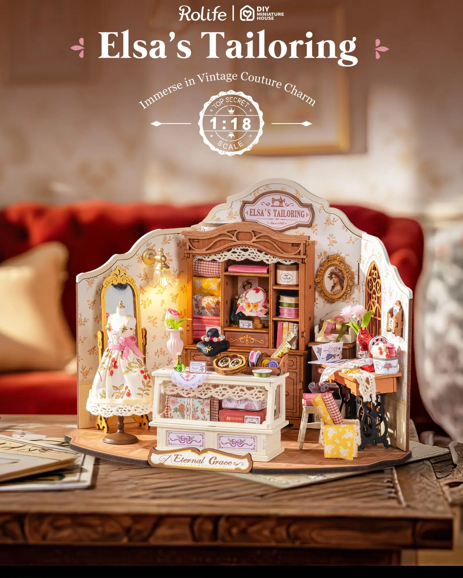 Robotime Elsa's Tailoring DIY Miniature House Miniature Craft Studio Victorian Style Decor For Miniature Collectors Kids Adults