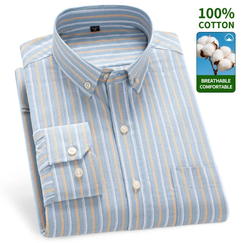 New 100% Cotton Oxford Men's Shirts Long Sleeves Plaid Soft Regular Fit Formal Dress Shirt Pocket Social Blouse Male Clothes 7XL