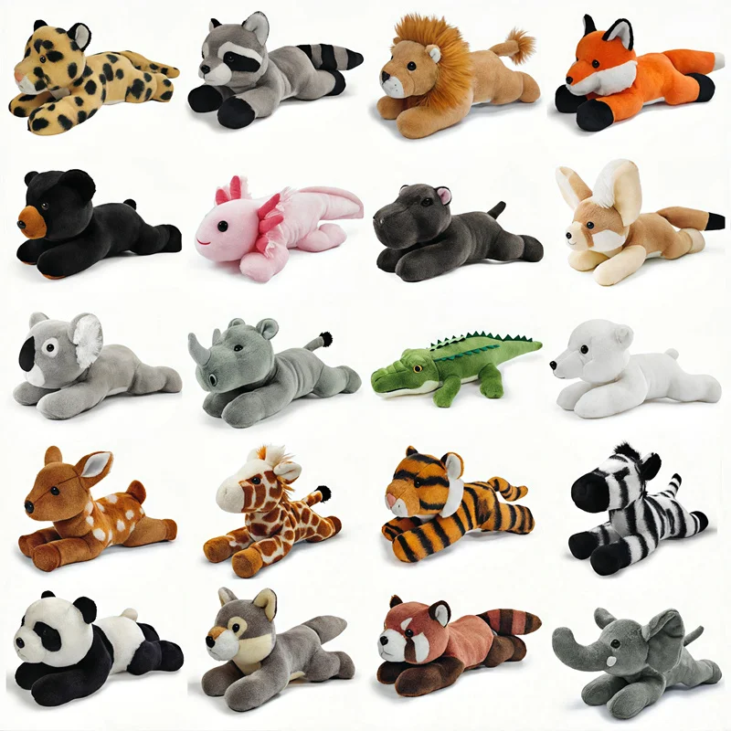 Cute Lying Animal Plush Set 20 Different Wildlife Creatures Soft Stuffed Safari Jungle Doll Flat Display Charming Cuddly