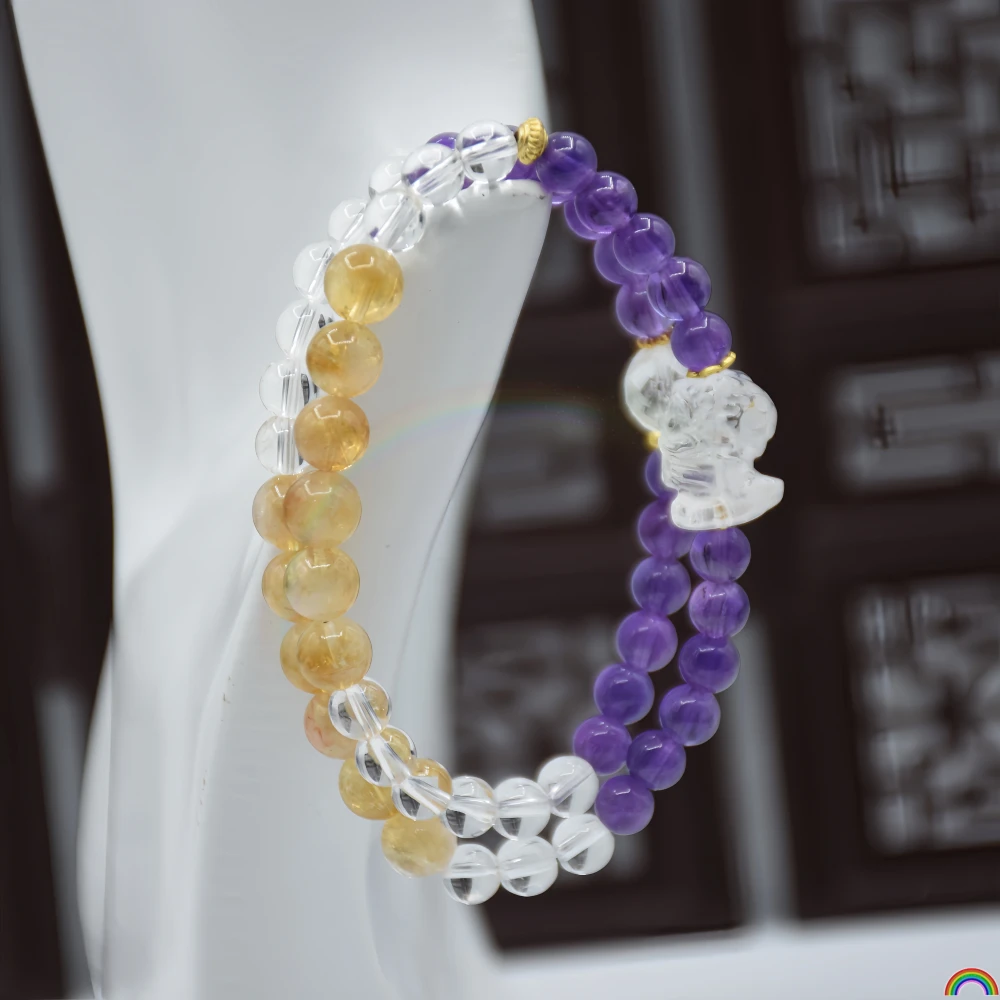Natural topaz and amethyst double-circle bracelet, white crystal gold-swallowing beast charm double-ring wall bracelet, Rwbuy