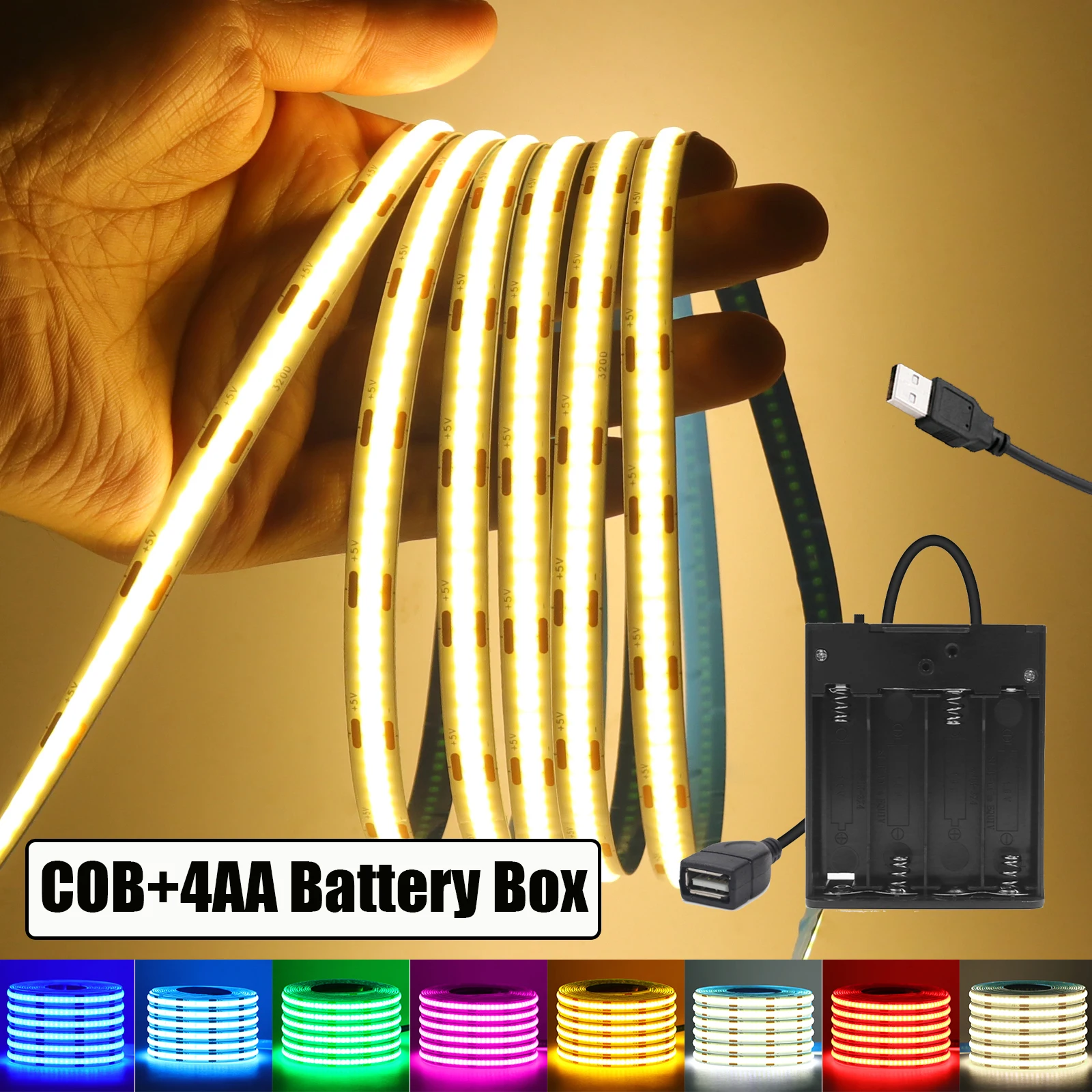 DC 5V USB COB Strip With 4AA Battery Box White/Red/Ice Blue/Pink/Yellow 320Leds/M 0.5M-5M TV Backlight Ribbon Rope LED Light