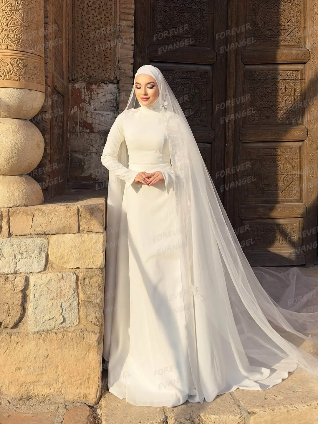 Simple Shawl Shiny Wedding Dresses A Line Woman's Long Sleeve Bride Gowns Formal Customized Vestidos De Novia Gala Muslim Party