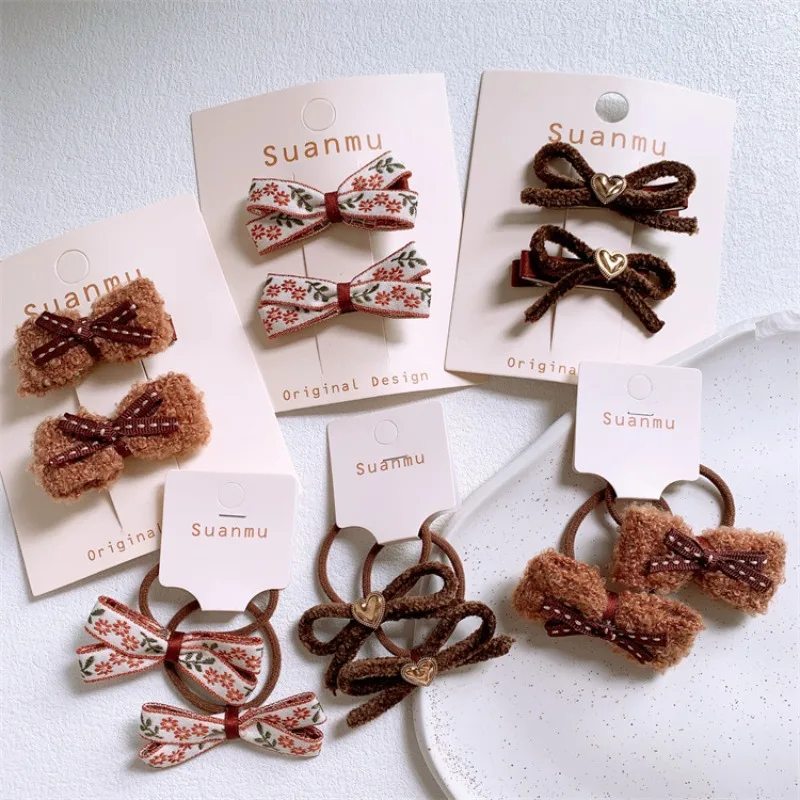 

Brown Plush Bow Hair Clips for Little Girls Necktie Style 2Pcs Set Cute Non Slip No Damage Soft Grip Baby Daily Hair Accessories