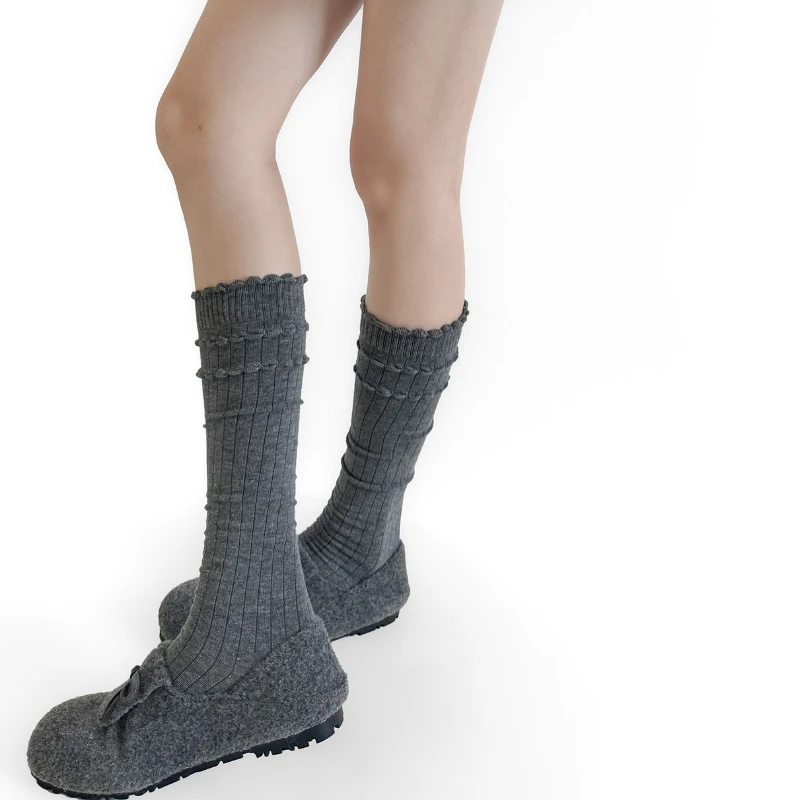 Lolita Ruffle Socks Stockings Women Autumn and Winter Cotton Knee Socks Japanese JK Solid Color Medium Tube Socks Women Stocking