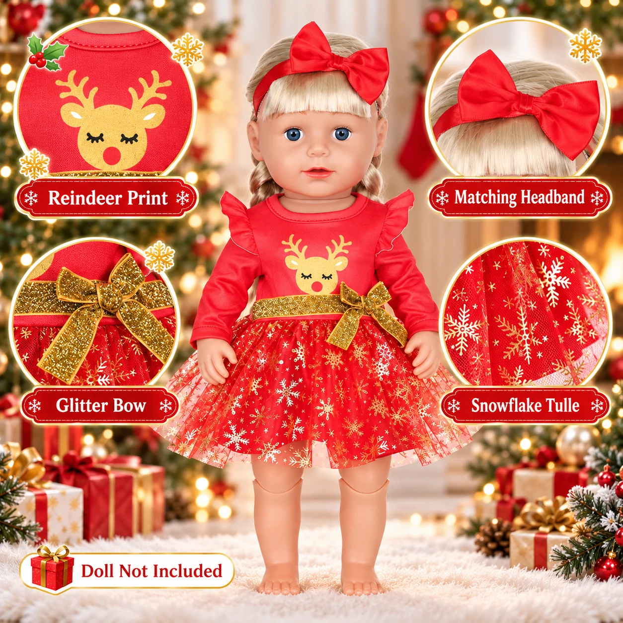 Ropa de Navidad para Muñeca Reborn 16-18 Pulgadas 40-45cm Vestido Rojo de Reno y Copos de Nieve con Diadema de Lazo para Muñeca American Girl Accesorios de Vestir Navidad