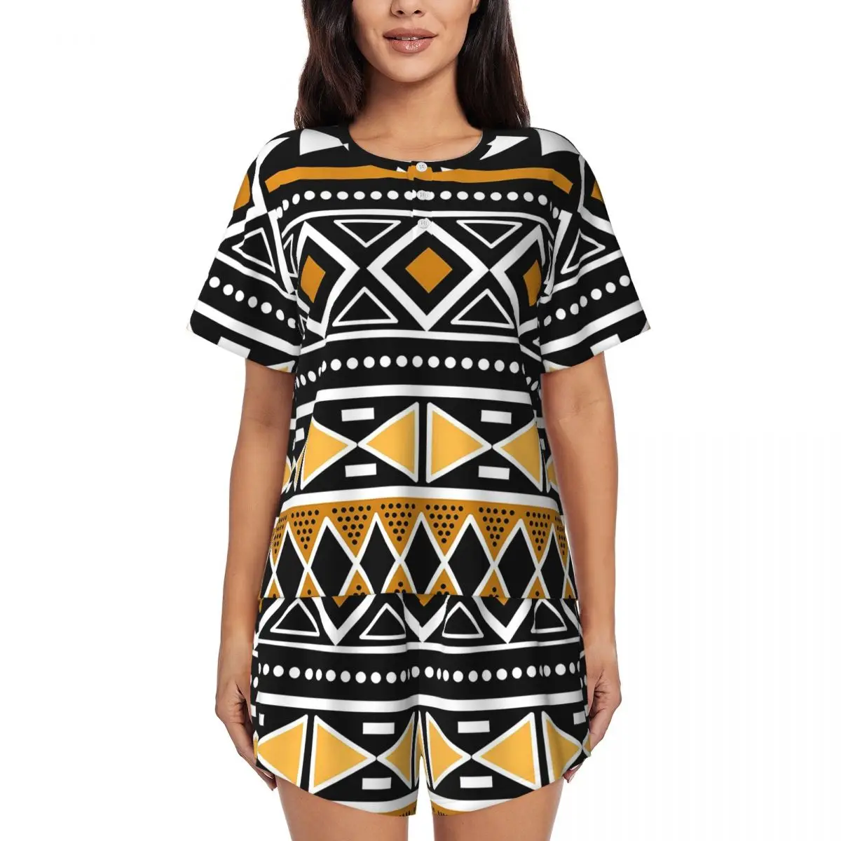 

African Bogolan Africa Ethnic Tribal Art Round Neck Short Sleeves Nightdress for Sleepshirts Women Loose Pajama Set Short Pants