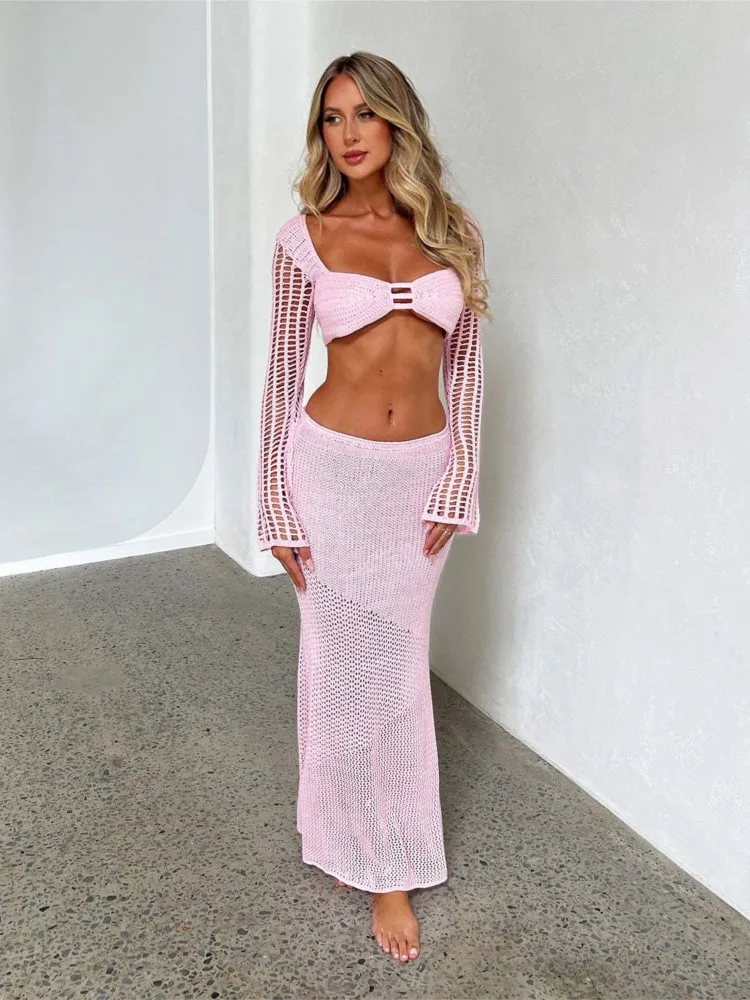 

Summer Women's Tie-up Long-sleeved Hip-wrapped Casual Knitted Long Skirt Set Sexy Hot Girl Wind-backed Long Skirt Two-piece Set