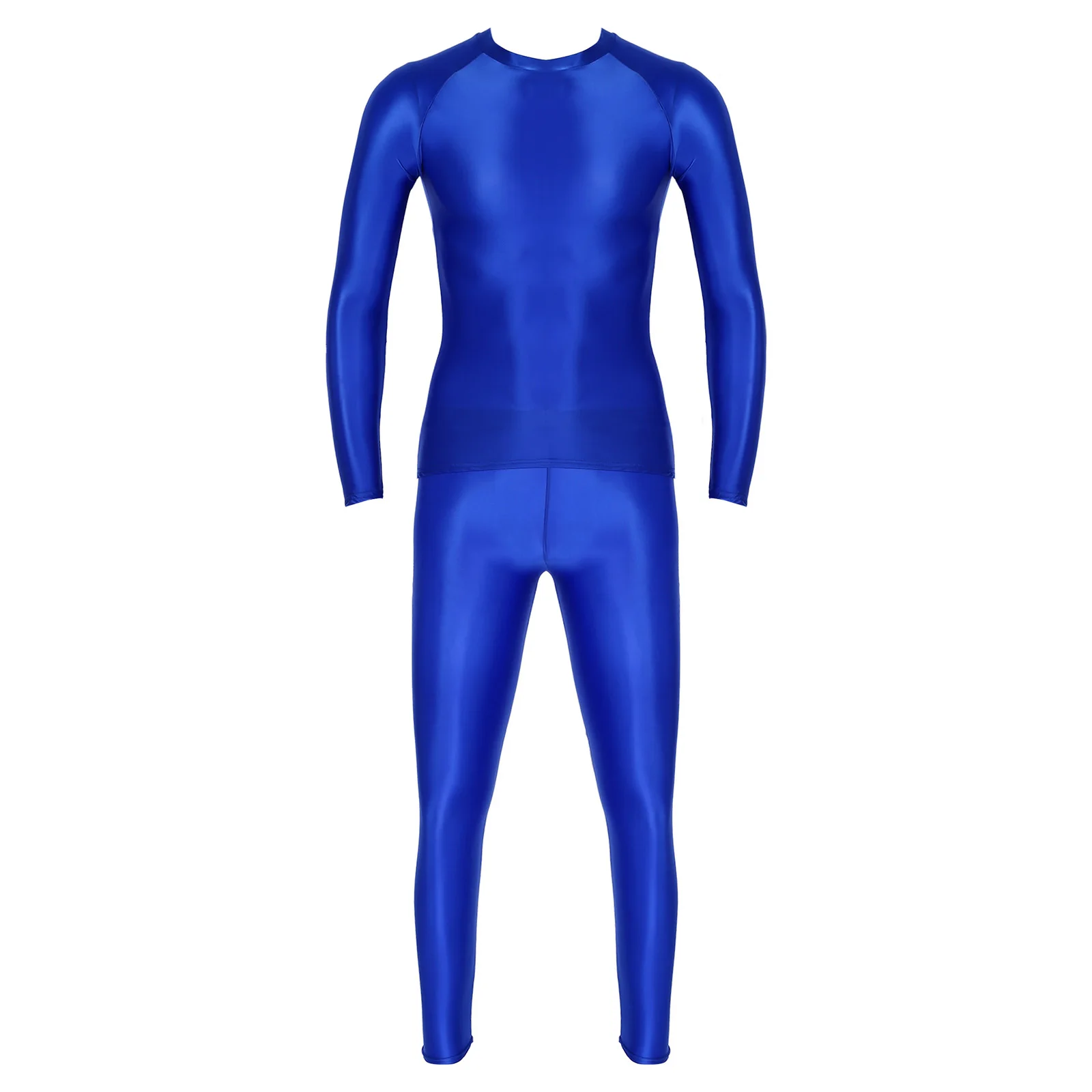 Mens Shimmery Set Clothing Solid Color Glossy Stretchy Sport Yoga Two-piece Outfits Crew Neck Long Sleeve T-shirt with Leggings