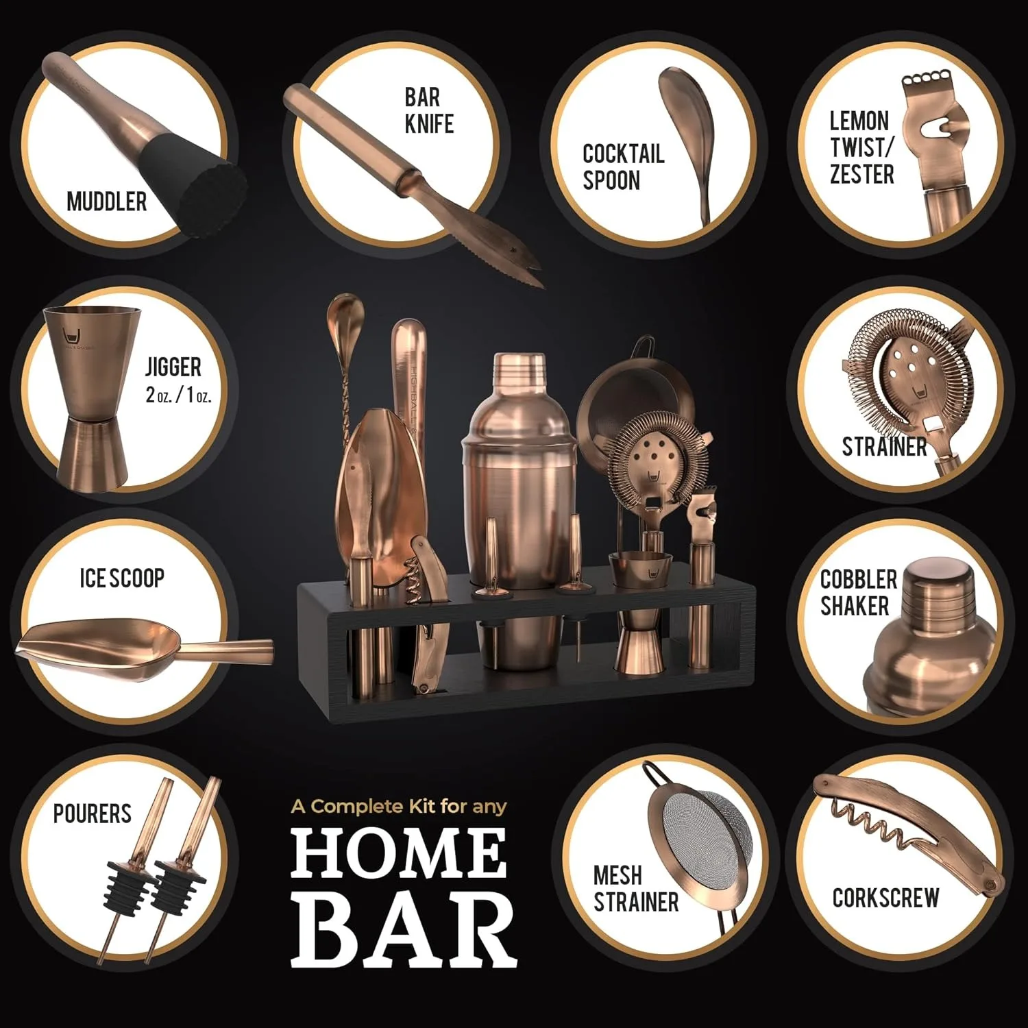 Highball & Chaser 13-Piece Cobbler Cocktail Shaker Set Matte Copper Stainless Steel Bartender Kit For Home Bar Cocktail Set