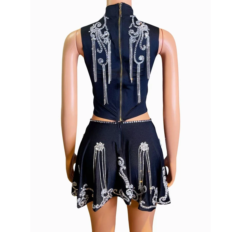 Strass completo jazz dança traje feminino grupo desempenho outfit bar boate dj ds palco festival saia superior rave wear xs9863