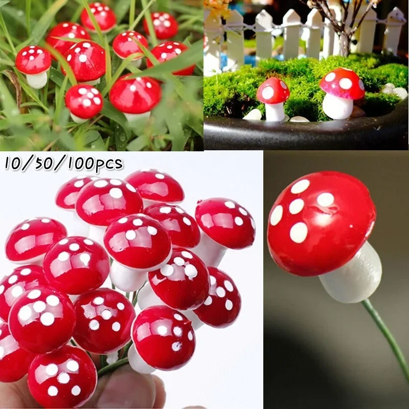 100/50/10PCS Mini Mushroom Fairy Garden Miniatures Resin Moss Terrarium Decor Artificial Plant Stakes DIY Craft Accessories