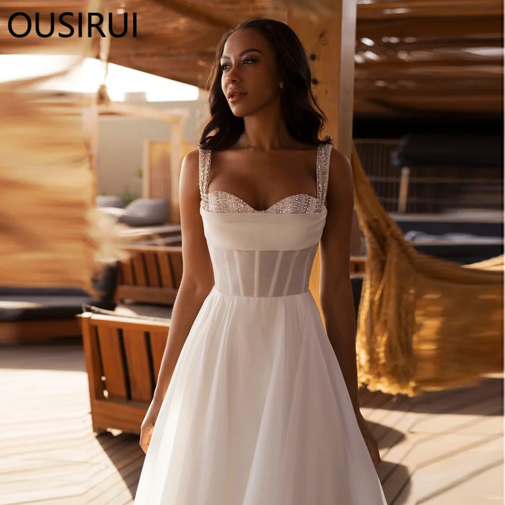 OUSIRUI فستان زفاف بوهو بياقة على شكل قلب مطرز من التل بدون ظهر على شكل حرف a محكمة Strpas لحفلات الزفاف Vestido de novia