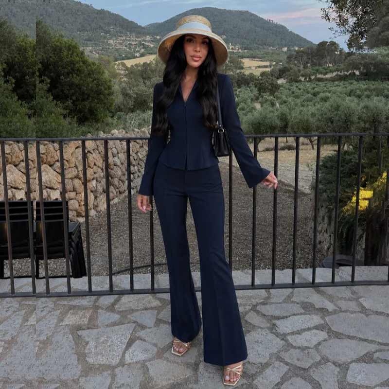 Women's Business Suit Black Slim Fit Hidden Buttons Jacket High Waist Flared Pants Suit 2026 New Chic Commute Office Formal Sets