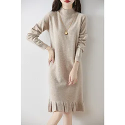 Half Height Loose 100% Merino Wool Women's Warm Autumn Winter Dress French Pullover Sweater With Fish Tail Hem Knitted Solid Col