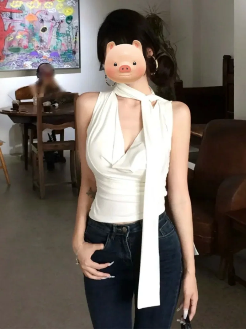 Korean Style White Halter Neck V Neck Sleeveless Crop Top Women Summer Cowl Neck Tie Front Draped Cami Blouse Sexy Feminine
