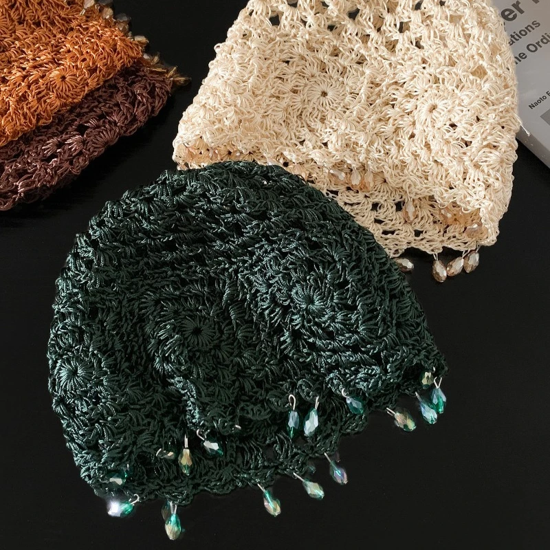 Böhmischer Ethno-Stil Anhänger Handgestrickter Hohlstrick-Pulloverhut für Frauen Sommer- und Herbstreisen Vielseitige Strickmützen – Detail 5