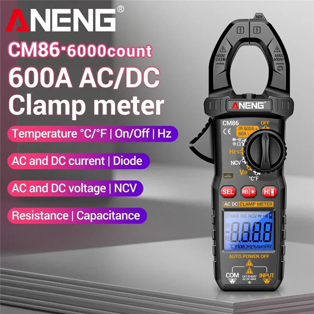 ANENG CM86 Clamp Meter Digital Multimeter 6000 Counts 600A AC DC Current Voltage Capacitance HZ Temperature NCV Ammeter Tester