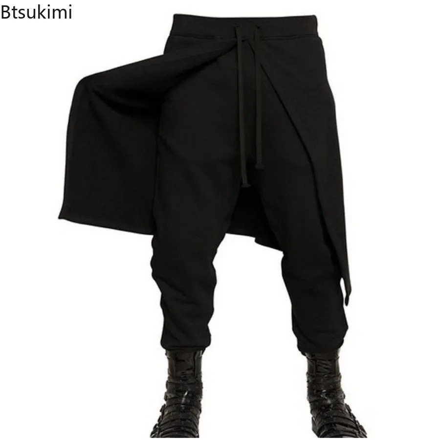 2026 Medieval Steampunk Black Pant Costume for Men Western Style Spliced Loose Pants Stage Cosplay Halloween Gothic Fashion Pant